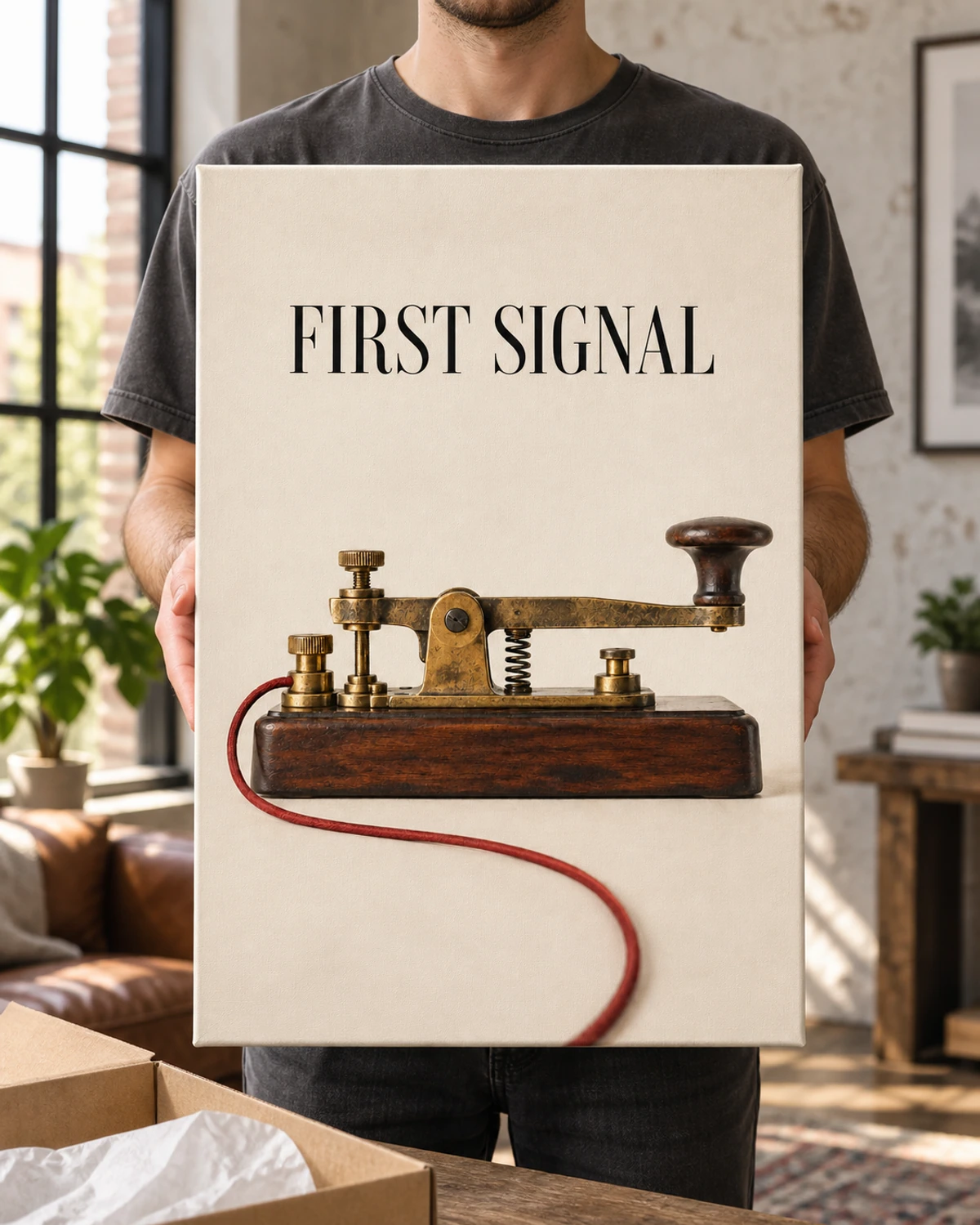 First Signal stretched canvas held after unpacking in a naturally lit home