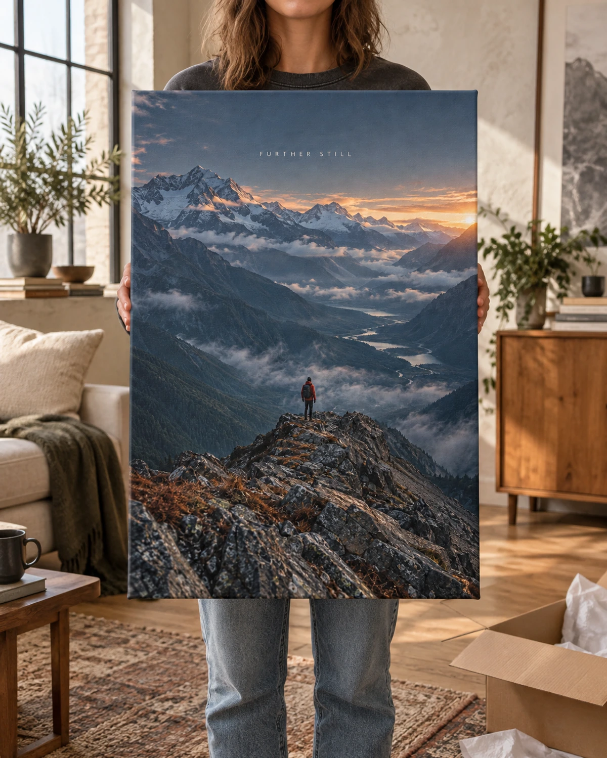 Further Still stretched canvas held after unpacking in a naturally lit home