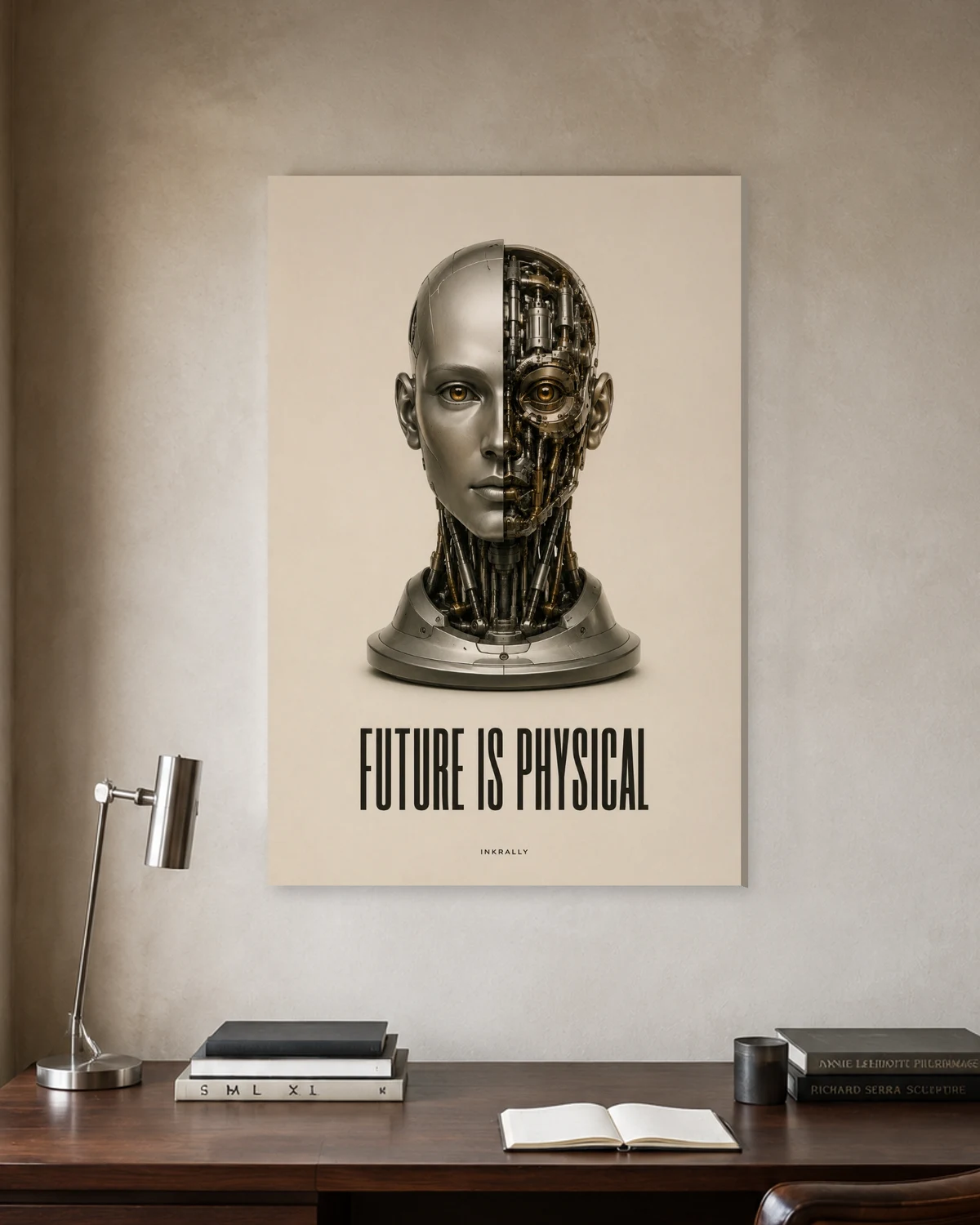 Future Is Physical stretched canvas in a considered home office