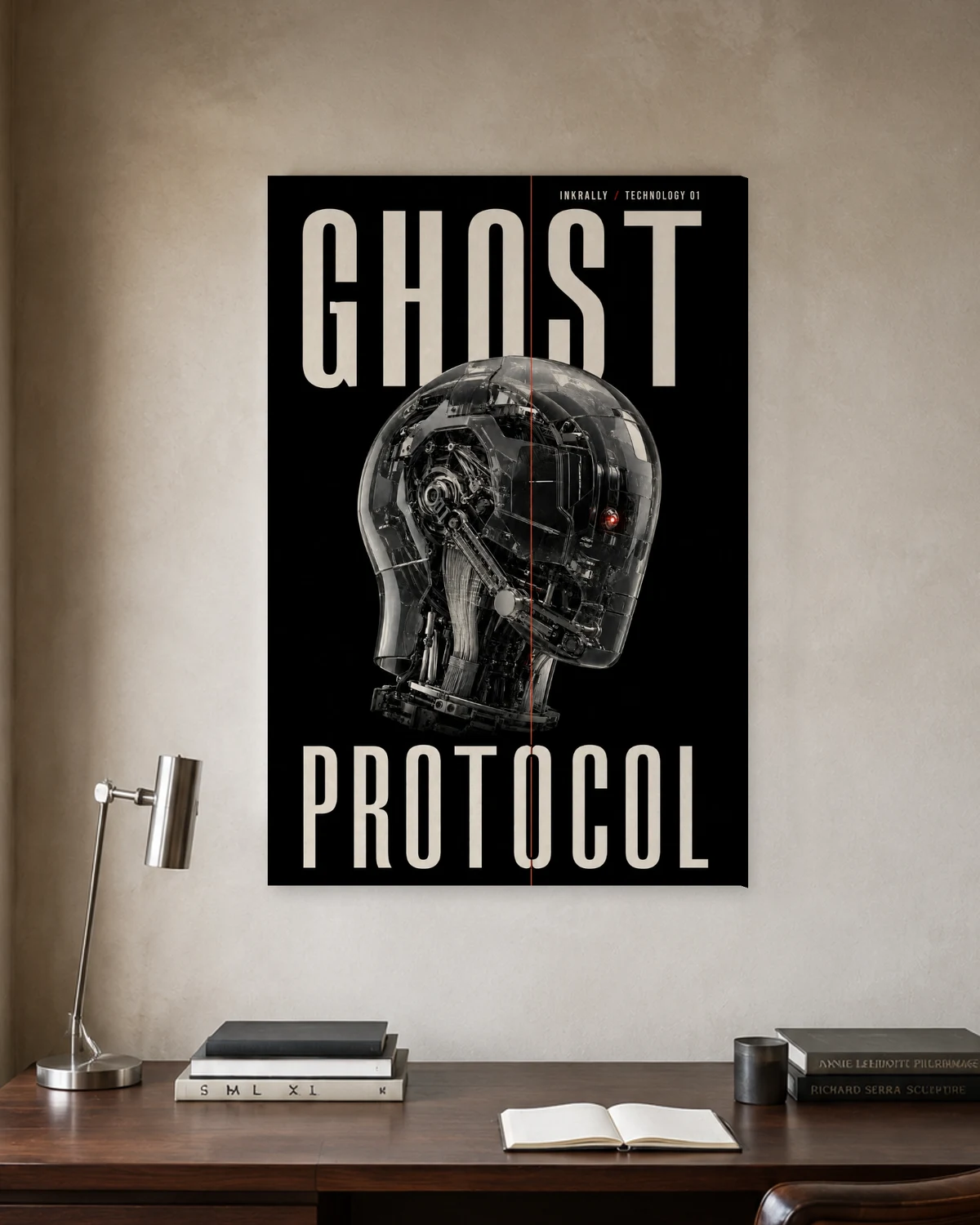 Ghost Protocol stretched canvas in a considered home office