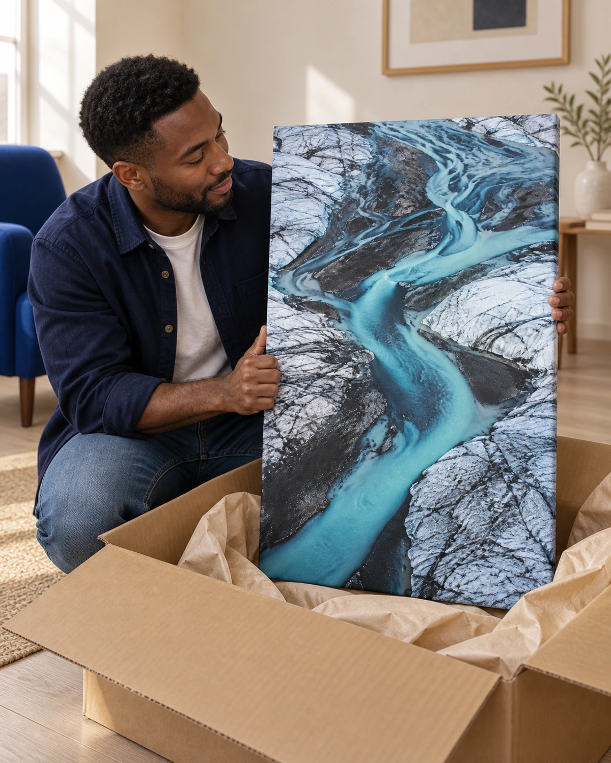 glacial script stretched canvas being unpacked at home