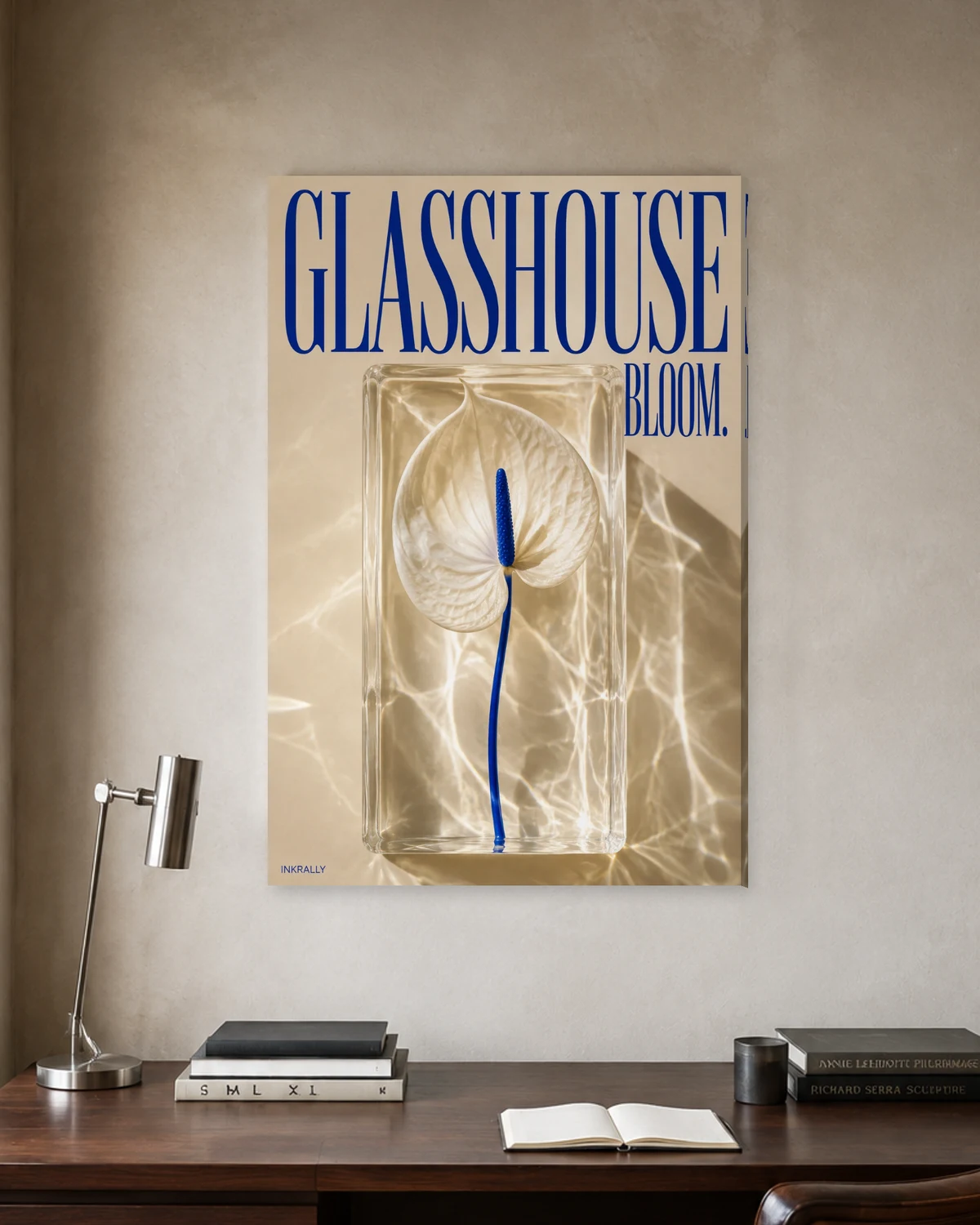 Glasshouse Bloom stretched canvas in a considered home office