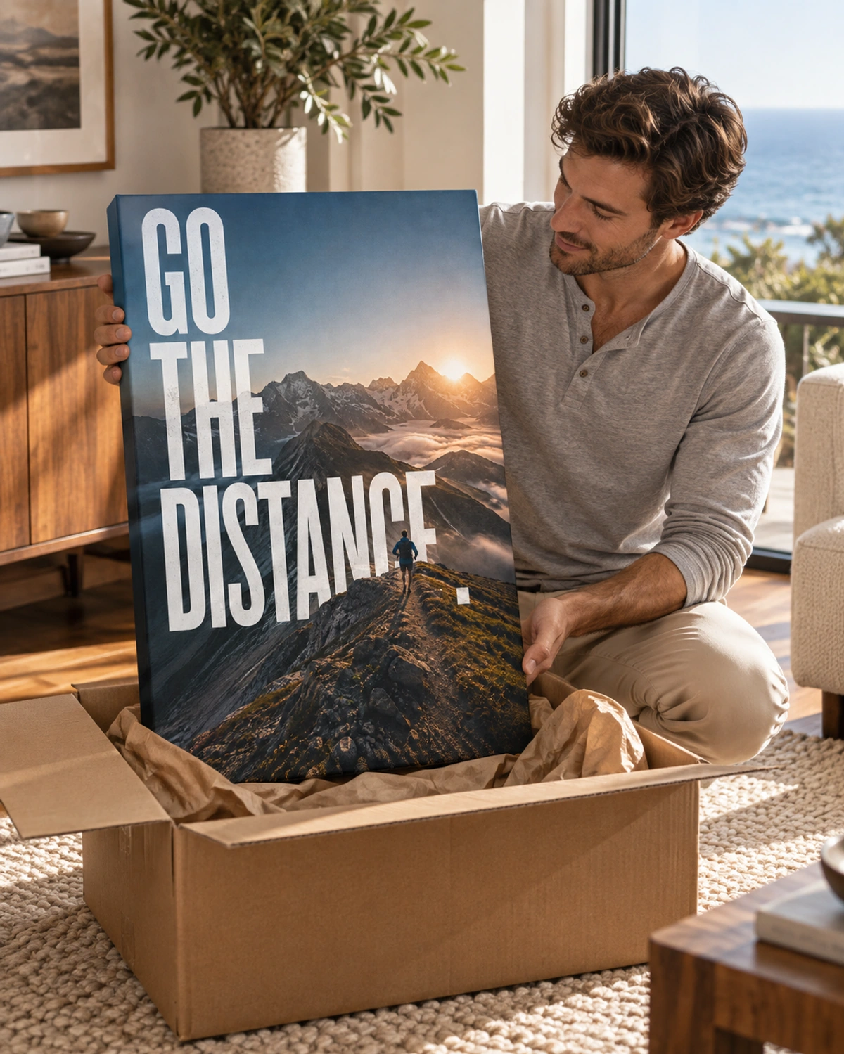 go the distance stretched canvas being unpacked at home