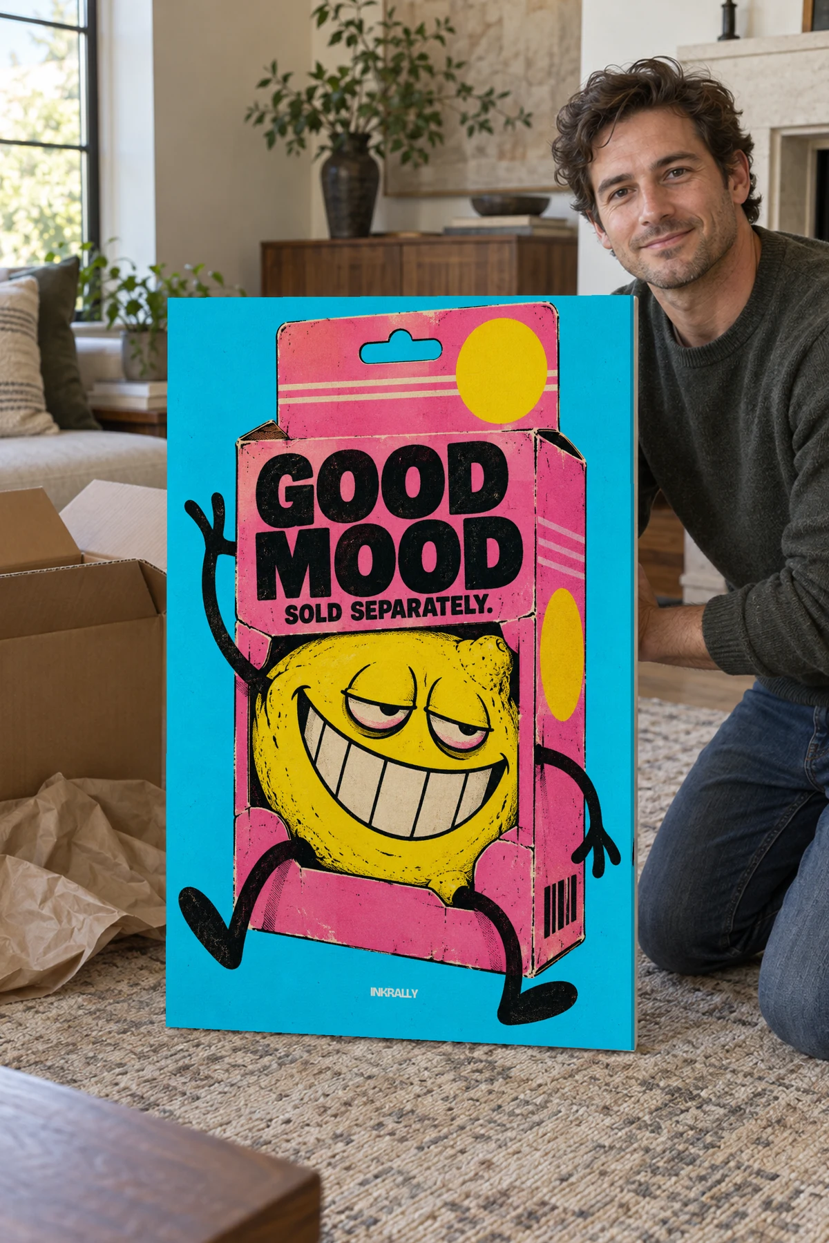 Good Mood Sold Separately stretched canvas shown after unpacking in a naturally lit home