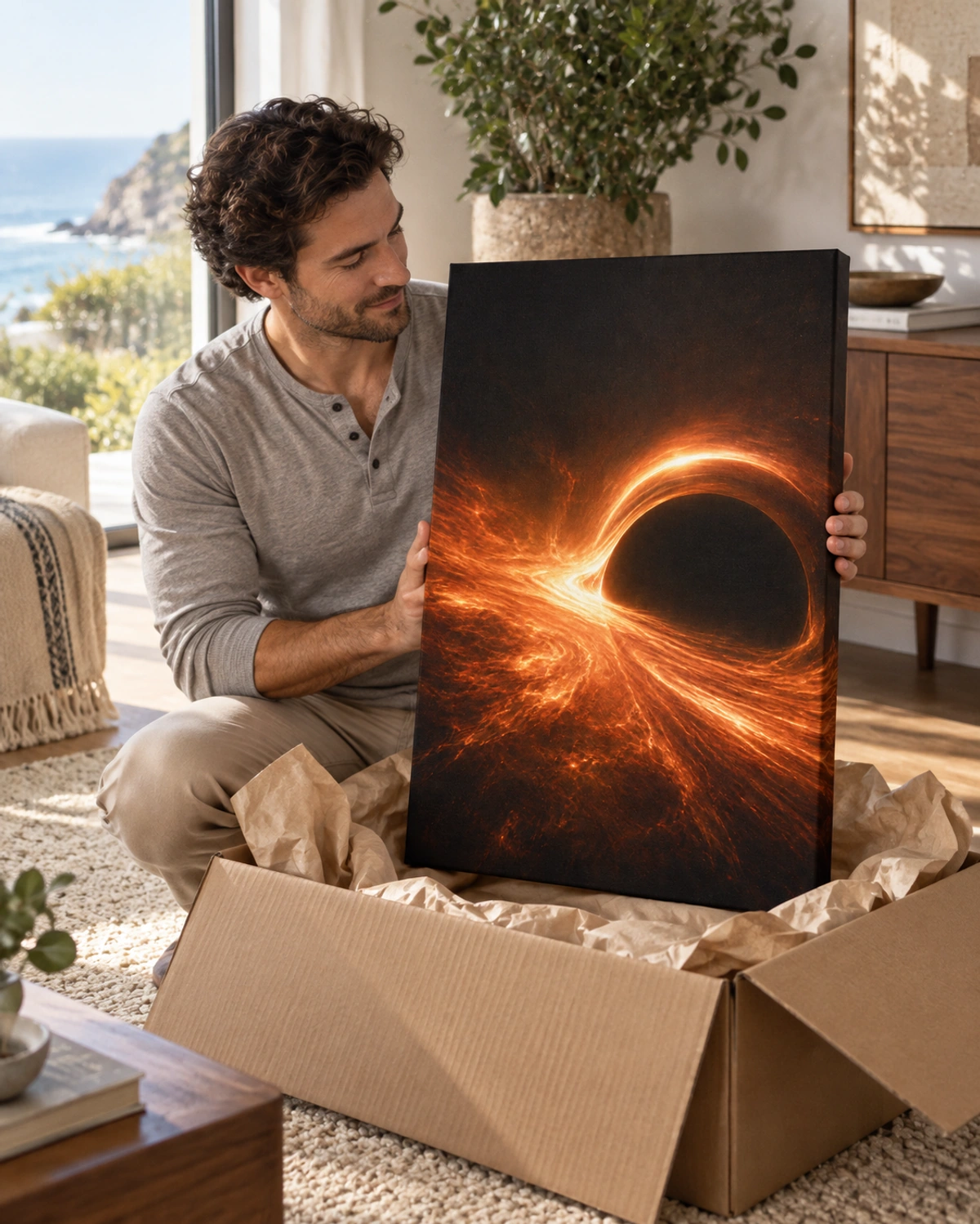gravity well stretched canvas being unpacked at home