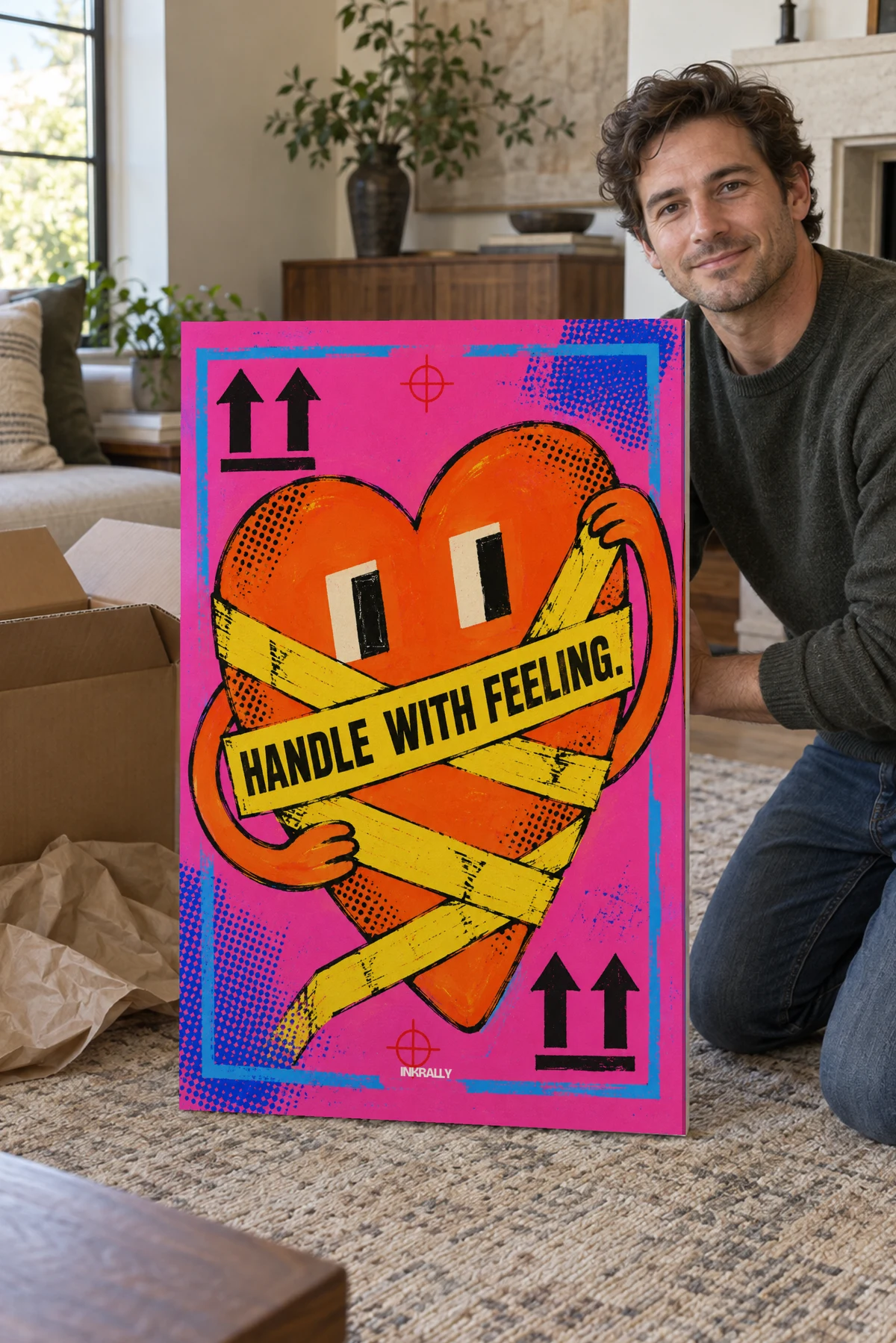 Handle With Feeling stretched canvas shown after unpacking in a naturally lit home