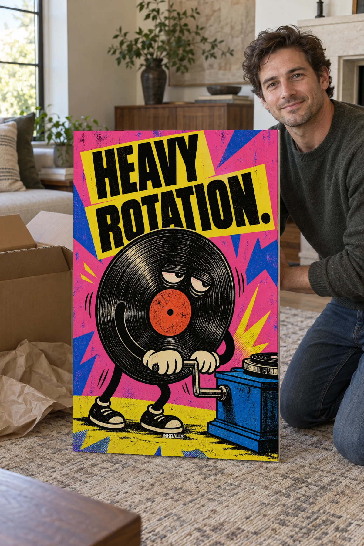 Heavy Rotation stretched canvas shown after unpacking in a naturally lit home