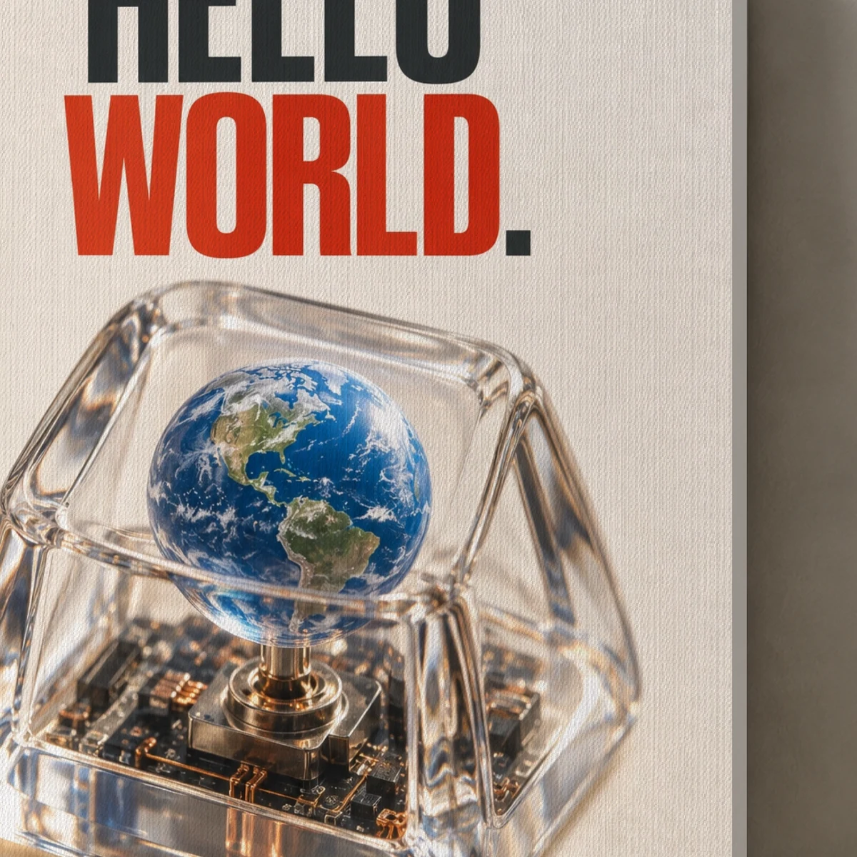 Hello World canvas surface and wrapped edge in a studio detail photograph