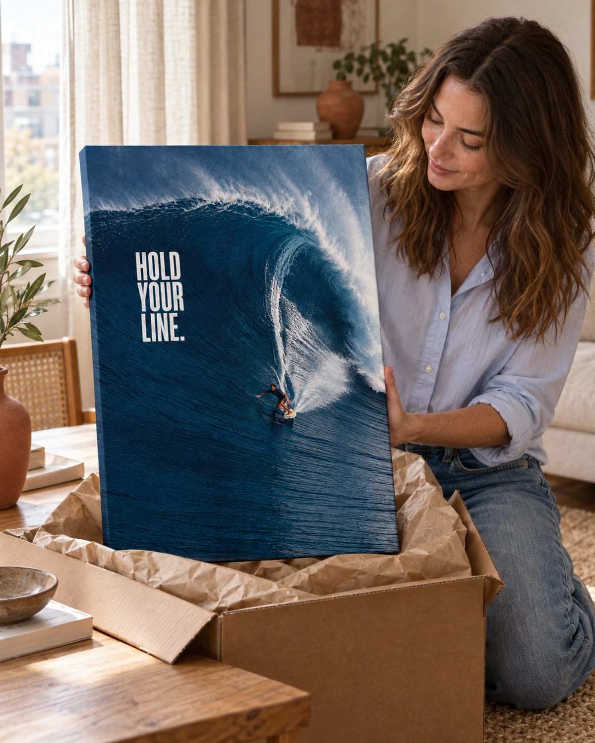 hold your line stretched canvas being unpacked at home