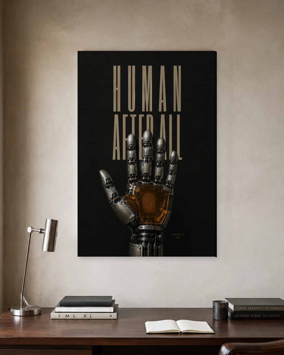 Human After All stretched canvas in a considered home office