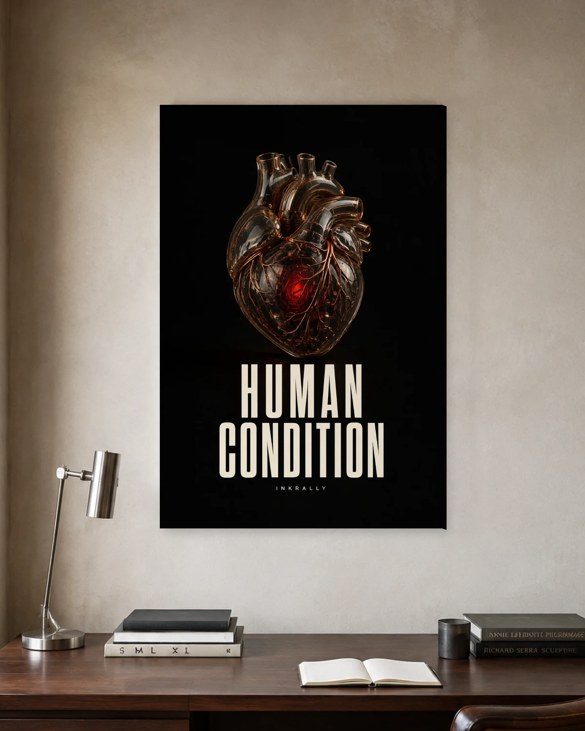 Human Condition stretched canvas in a considered home office