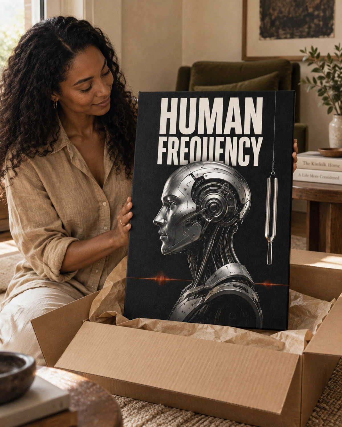 human frequency ii stretched canvas being unpacked at home