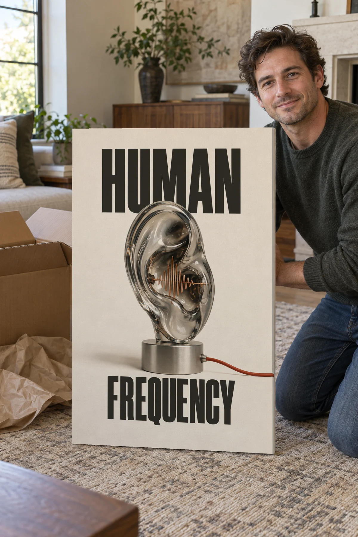 Human Frequency / Sound stretched canvas shown after unpacking in a naturally lit home