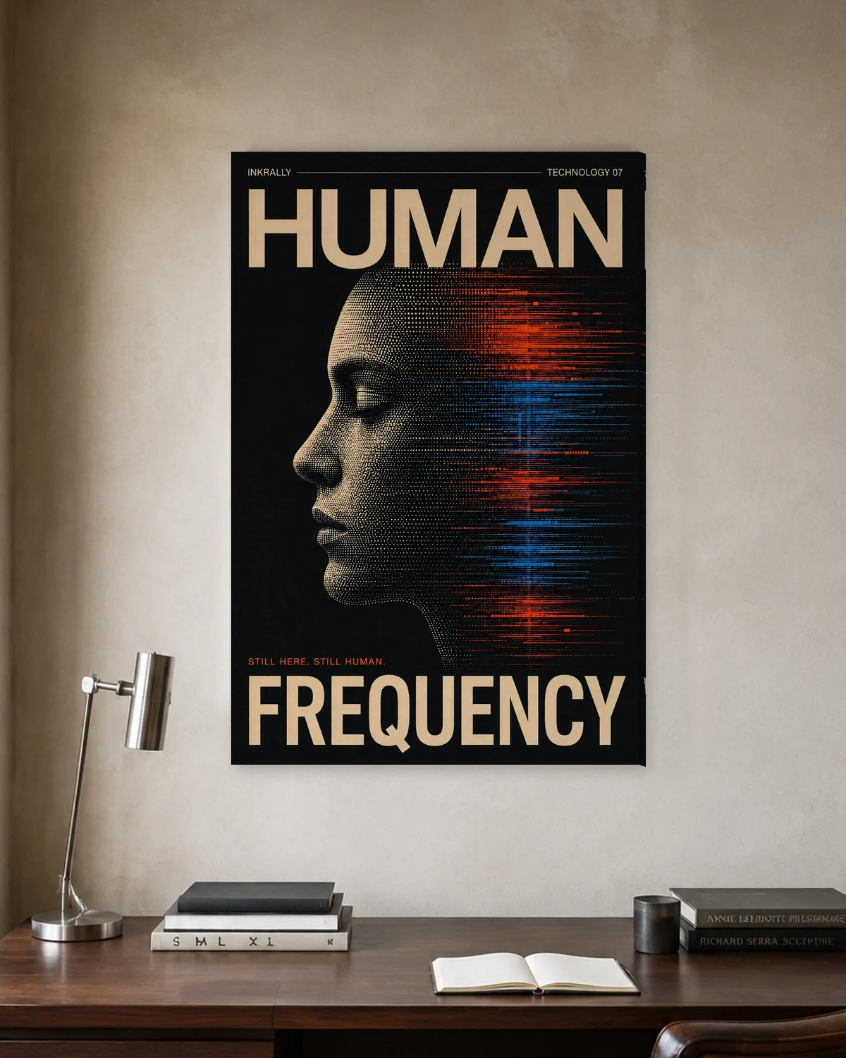 Human Frequency stretched canvas in a considered home office