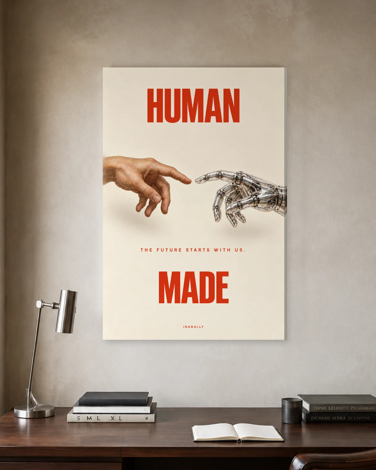 Human Made stretched canvas in a considered home office