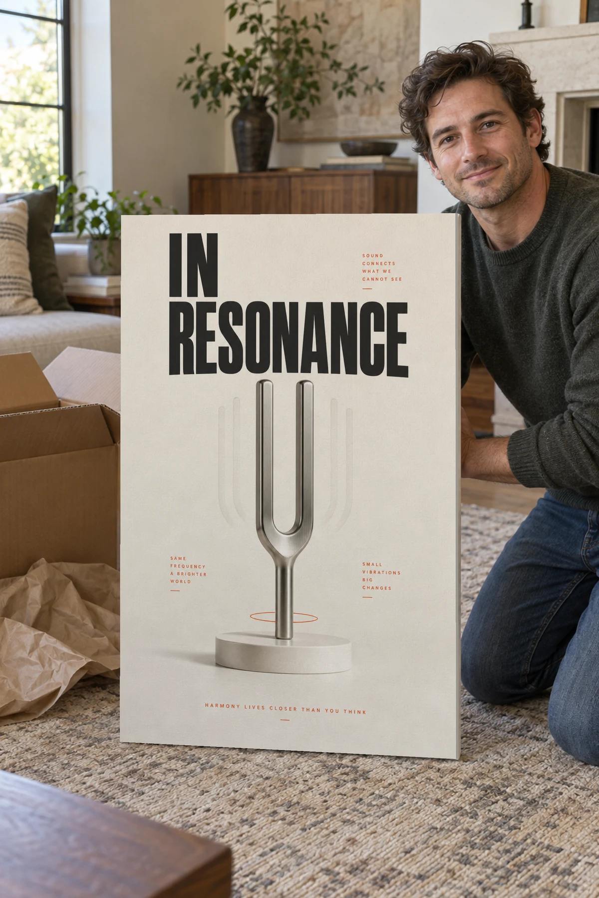 In Resonance stretched canvas shown after unpacking in a naturally lit home