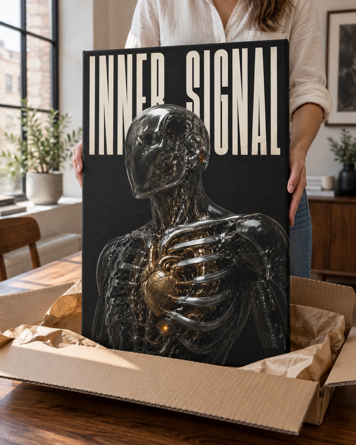 inner signal stretched canvas being unpacked at home