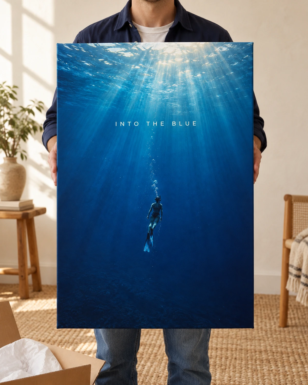 Into The Blue stretched canvas held after unpacking in a naturally lit home