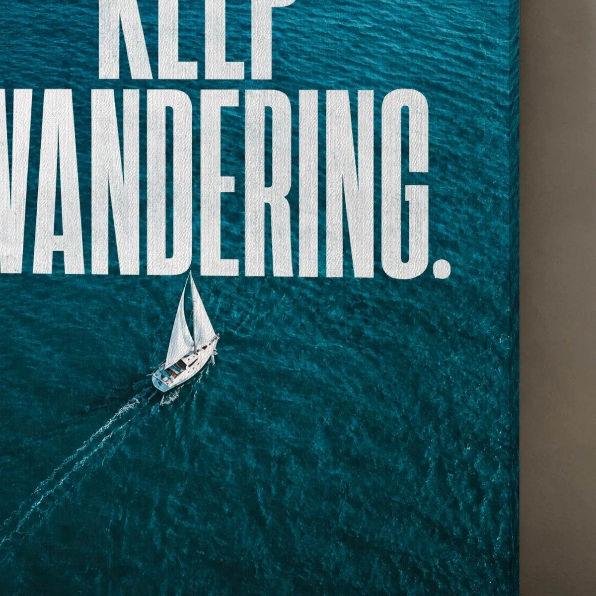 Keep Wandering canvas surface and wrapped edge in a studio detail photograph