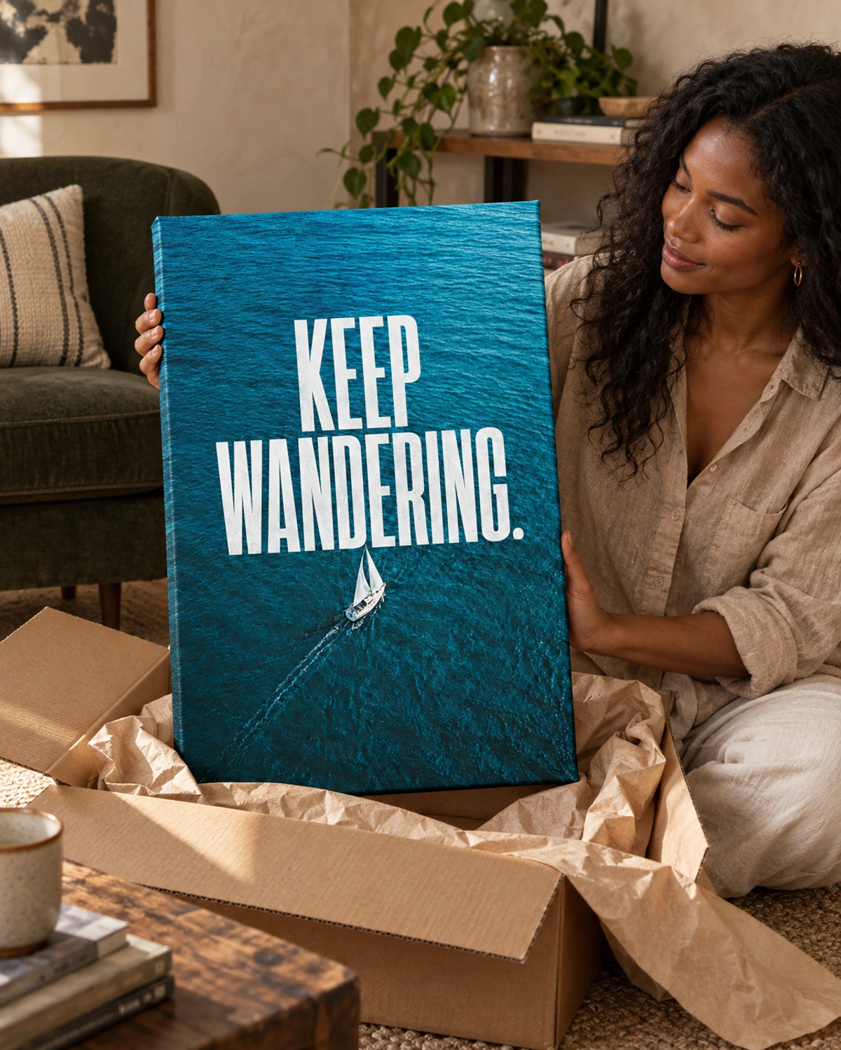 keep wandering stretched canvas being unpacked at home