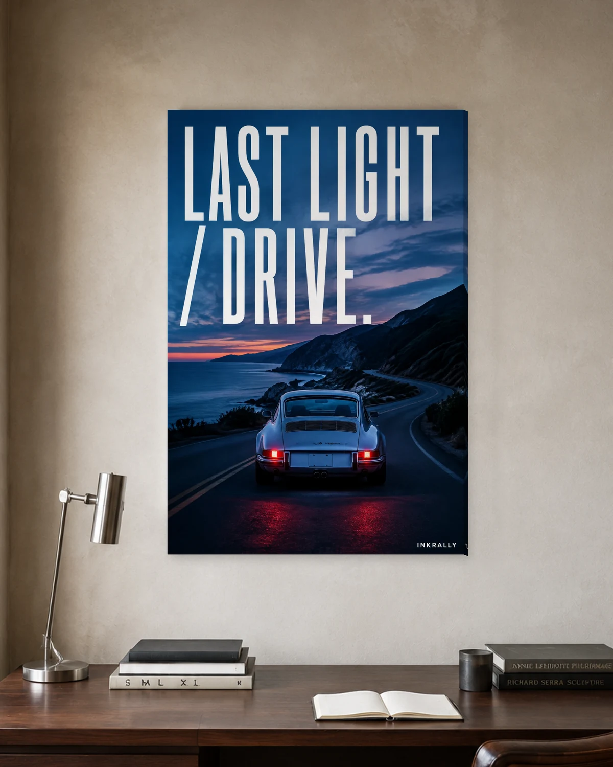 Last Light Drive stretched canvas in a considered home office