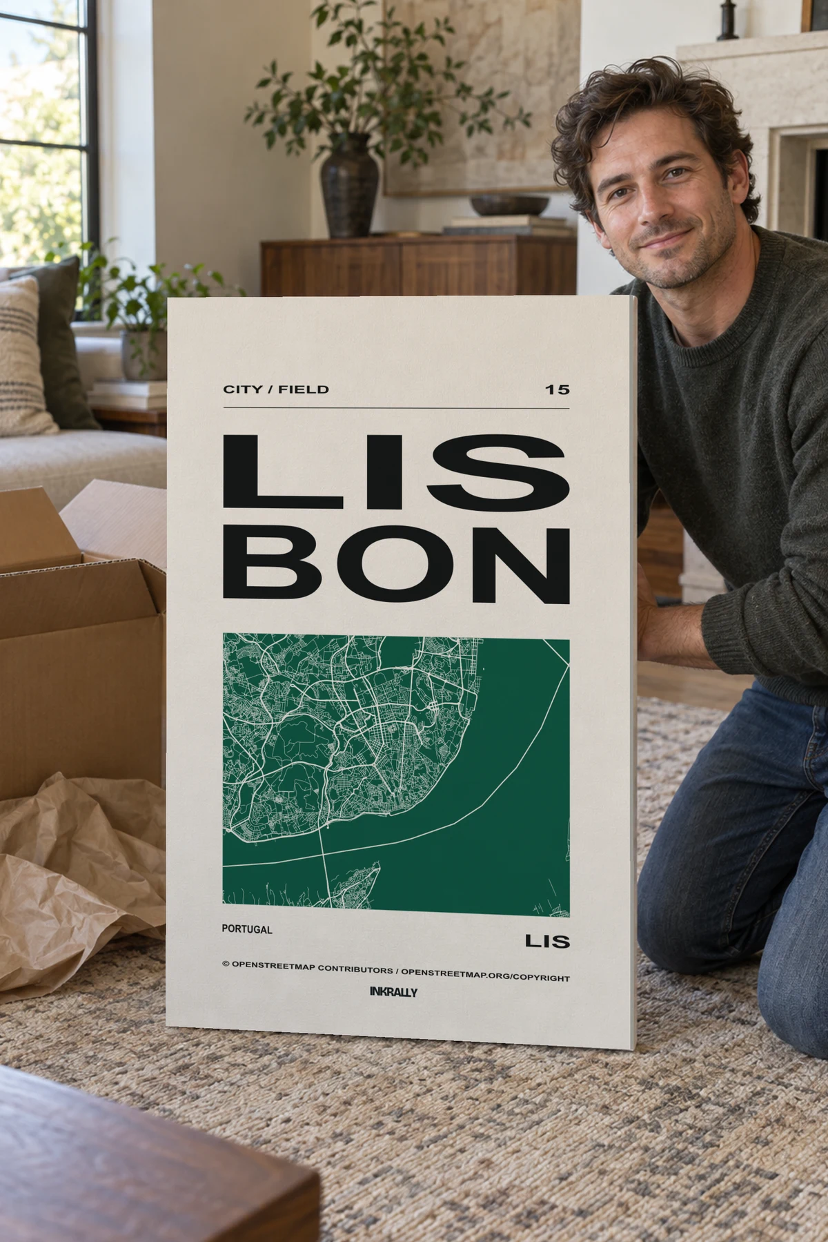 Lisbon / City Field stretched canvas shown after unpacking in a naturally lit home
