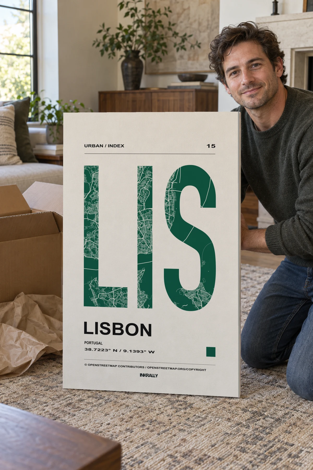 Lisbon / Urban Index stretched canvas shown after unpacking in a naturally lit home