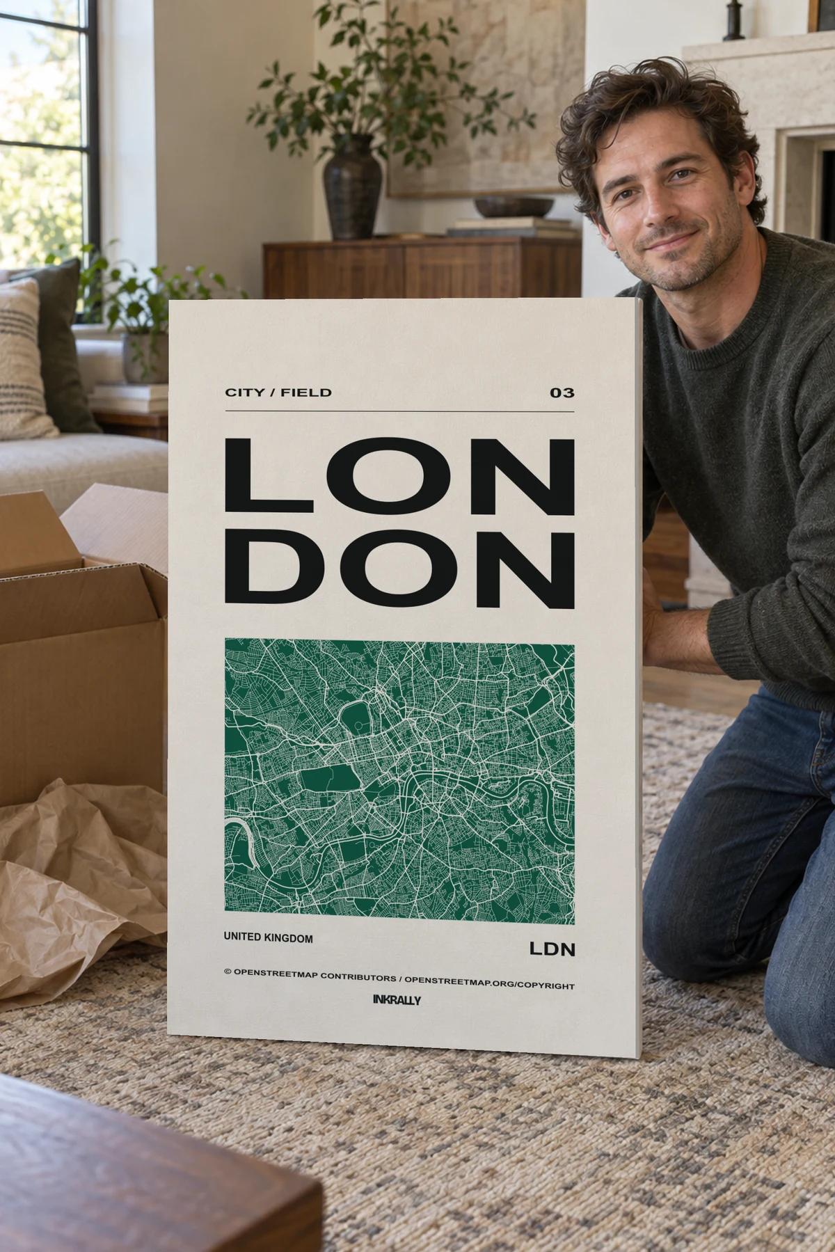 London / City Field stretched canvas shown after unpacking in a naturally lit home