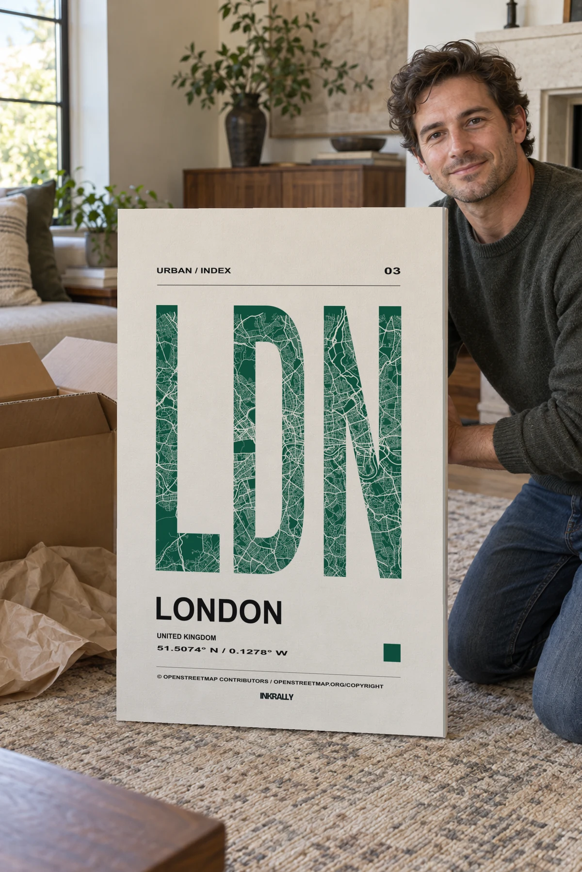 London / Urban Index stretched canvas shown after unpacking in a naturally lit home