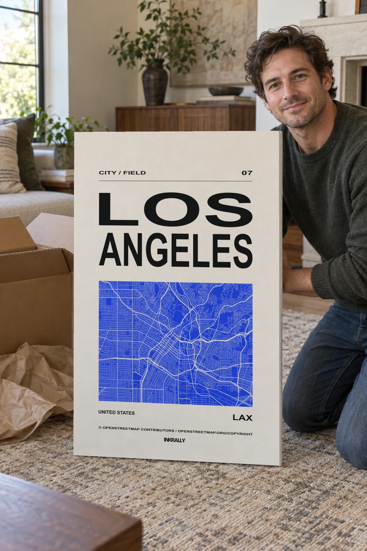 Los Angeles / City Field stretched canvas shown after unpacking in a naturally lit home