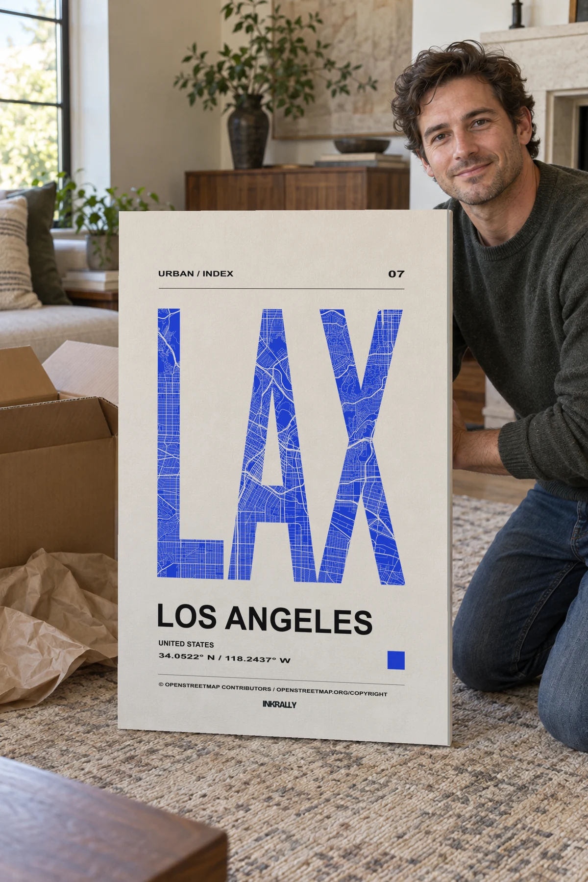 Los Angeles / Urban Index stretched canvas shown after unpacking in a naturally lit home