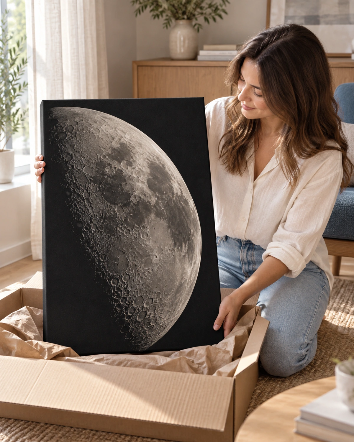 lunar archive stretched canvas being unpacked at home