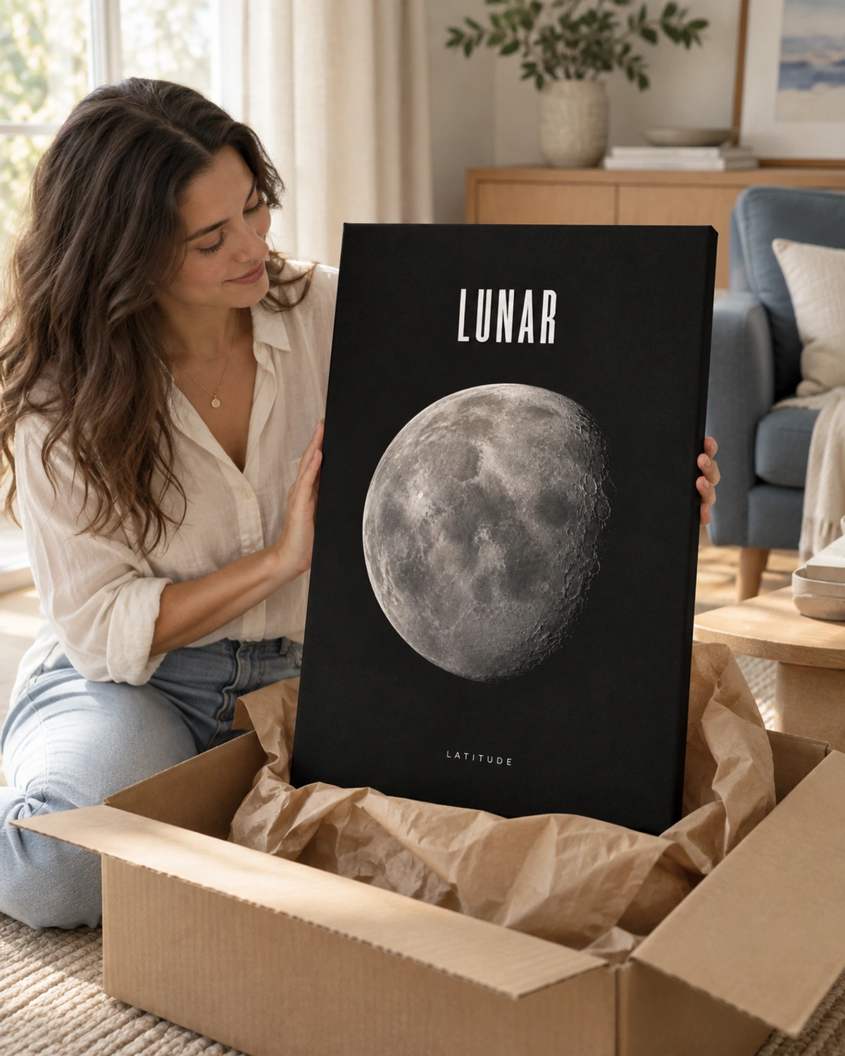 lunar latitude stretched canvas being unpacked at home