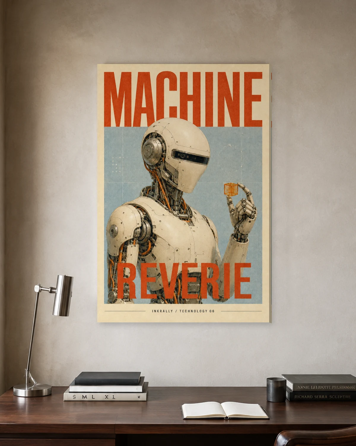Machine Reverie stretched canvas in a considered home office