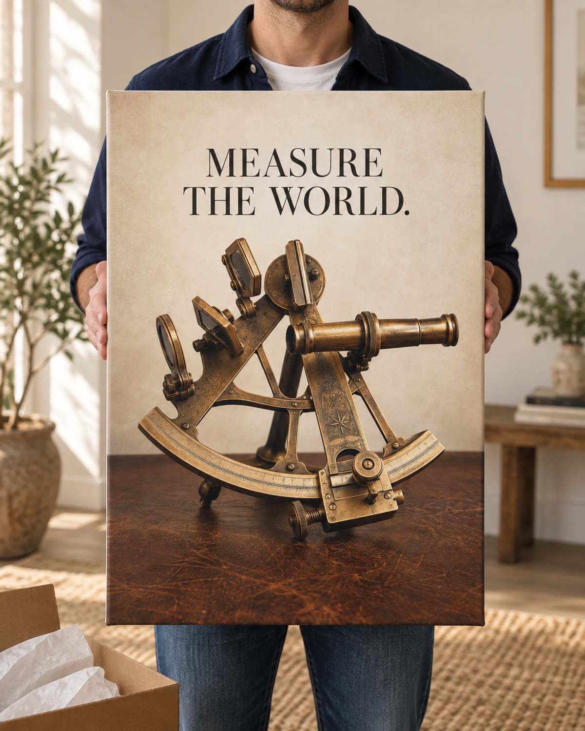 Measure The World stretched canvas held after unpacking in a naturally lit home
