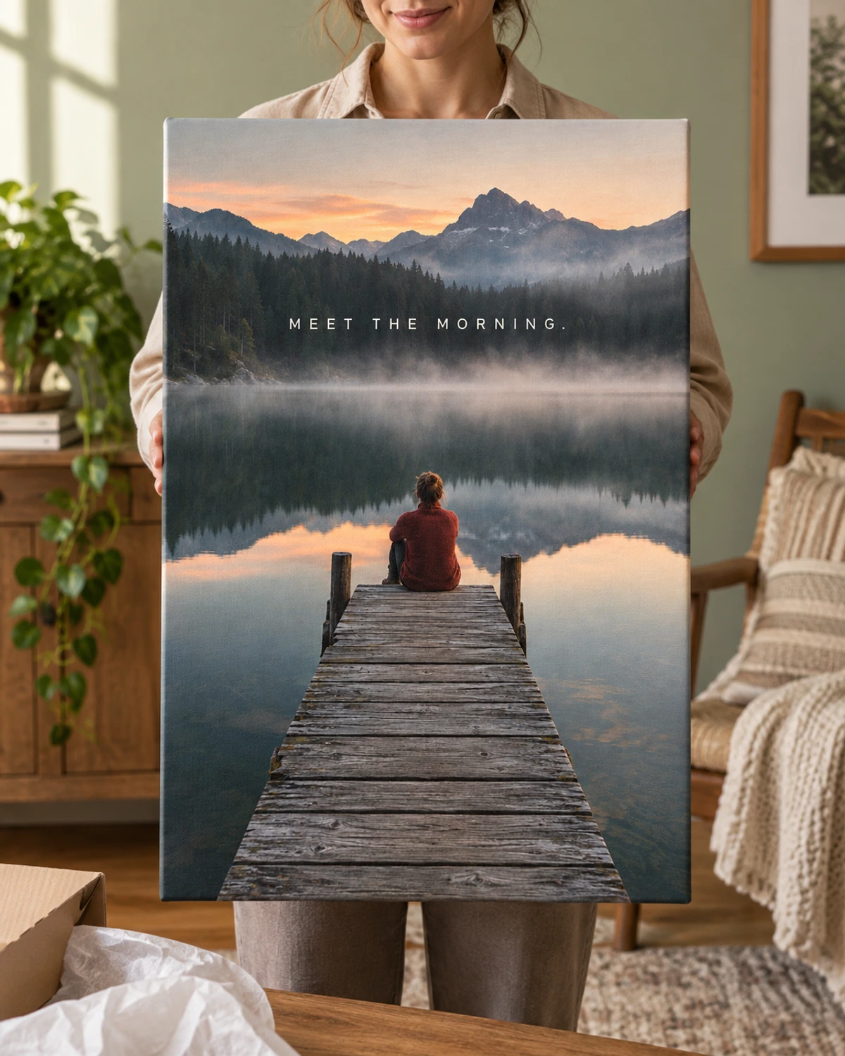 Meet The Morning stretched canvas held after unpacking in a naturally lit home