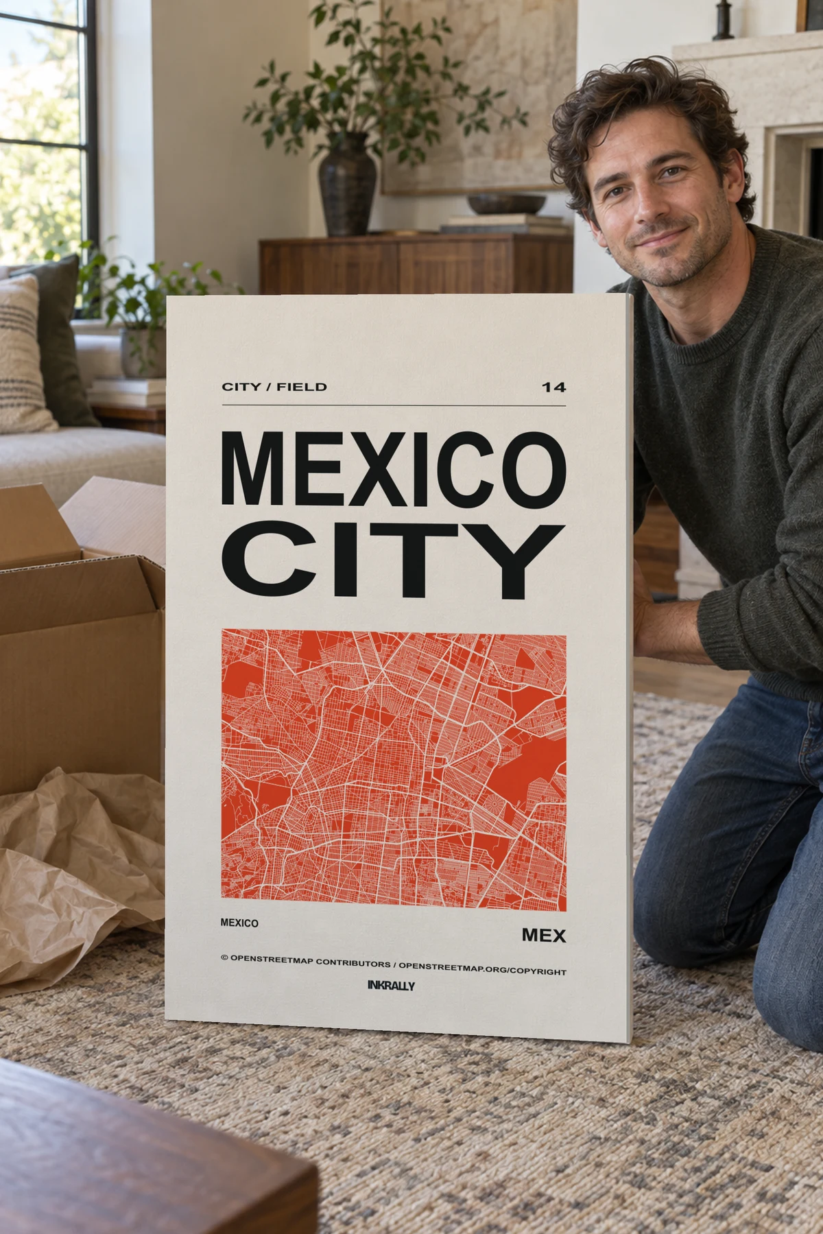 Mexico City / City Field stretched canvas shown after unpacking in a naturally lit home