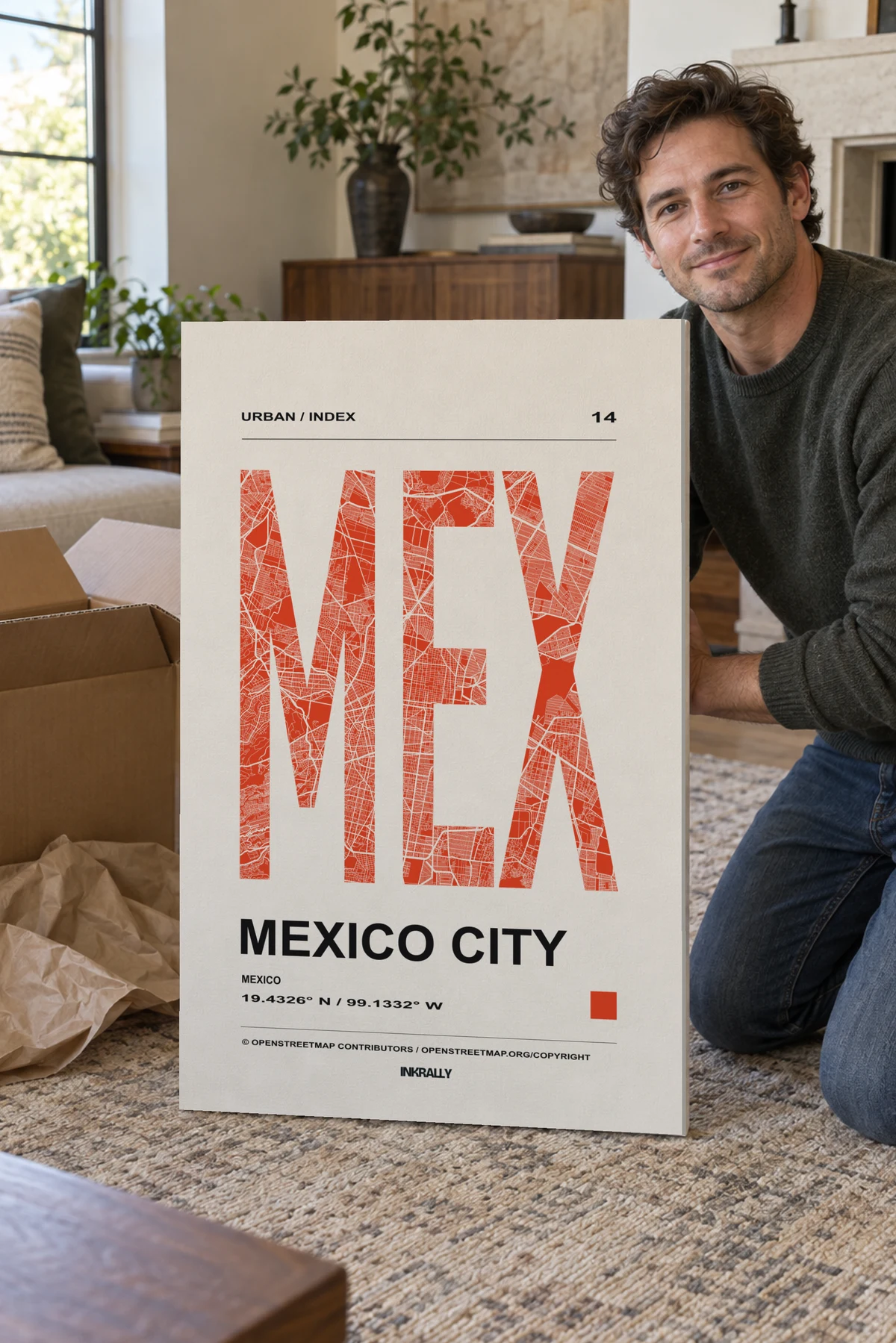 Mexico City / Urban Index stretched canvas shown after unpacking in a naturally lit home