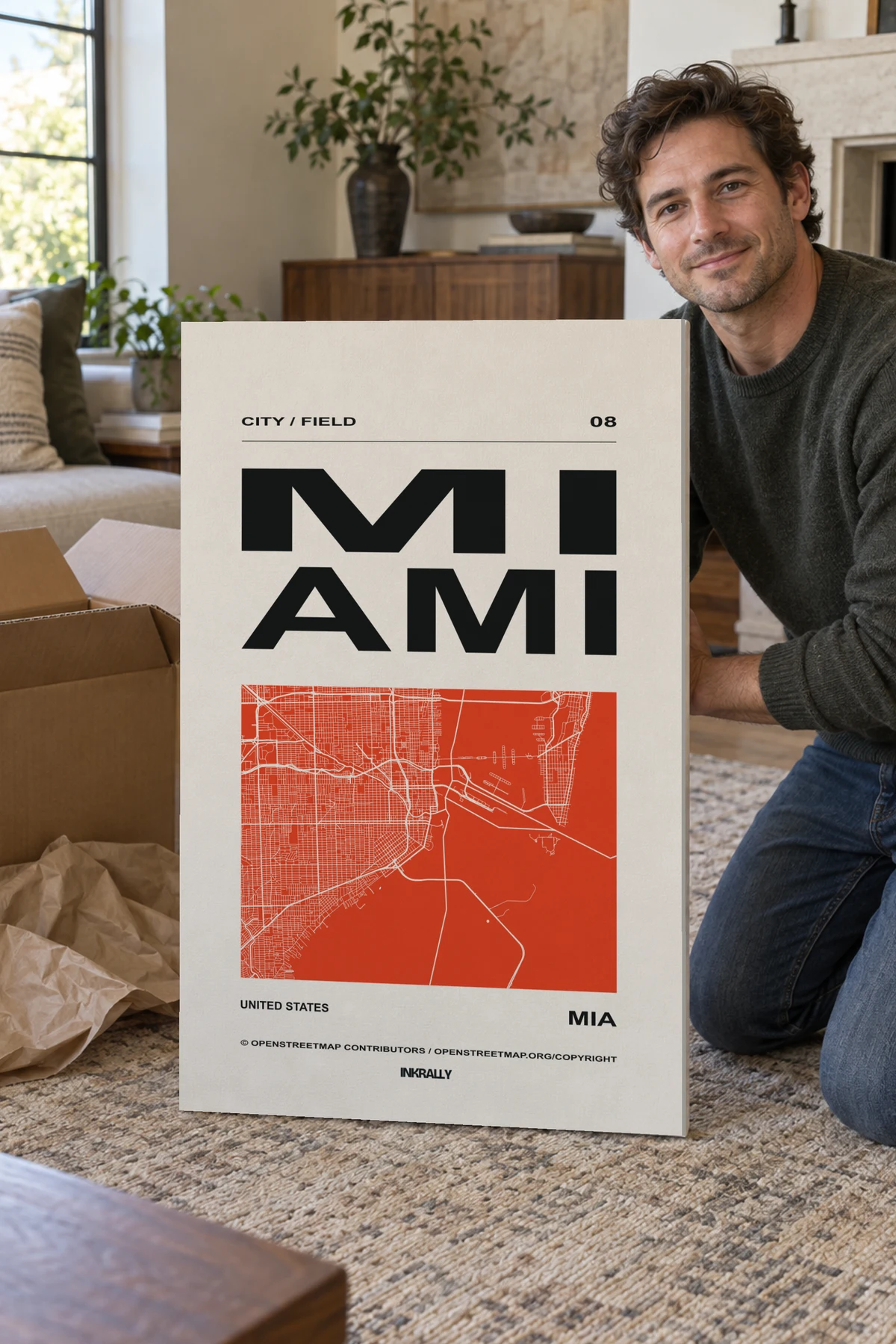 Miami / City Field stretched canvas shown after unpacking in a naturally lit home