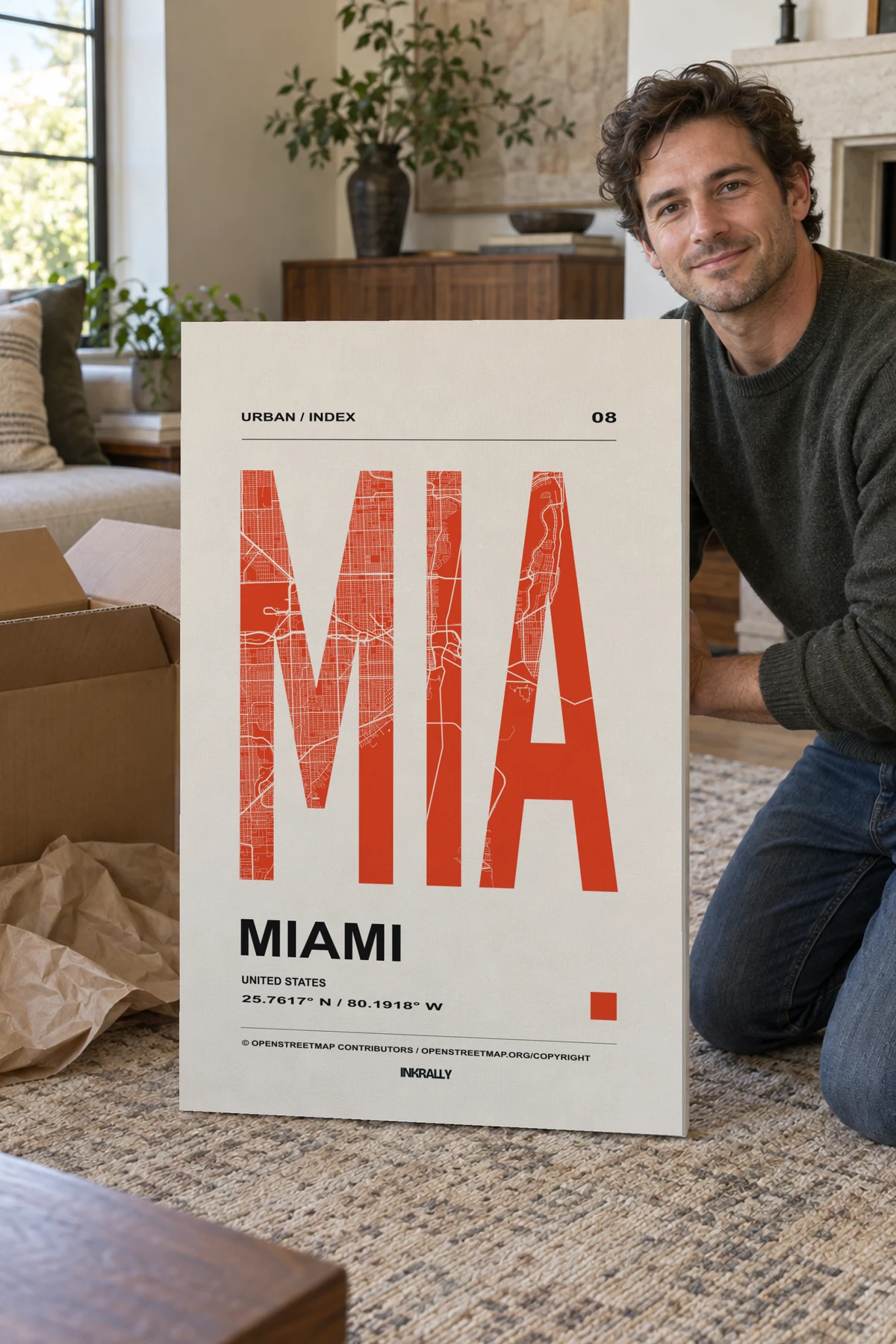 Miami / Urban Index stretched canvas shown after unpacking in a naturally lit home