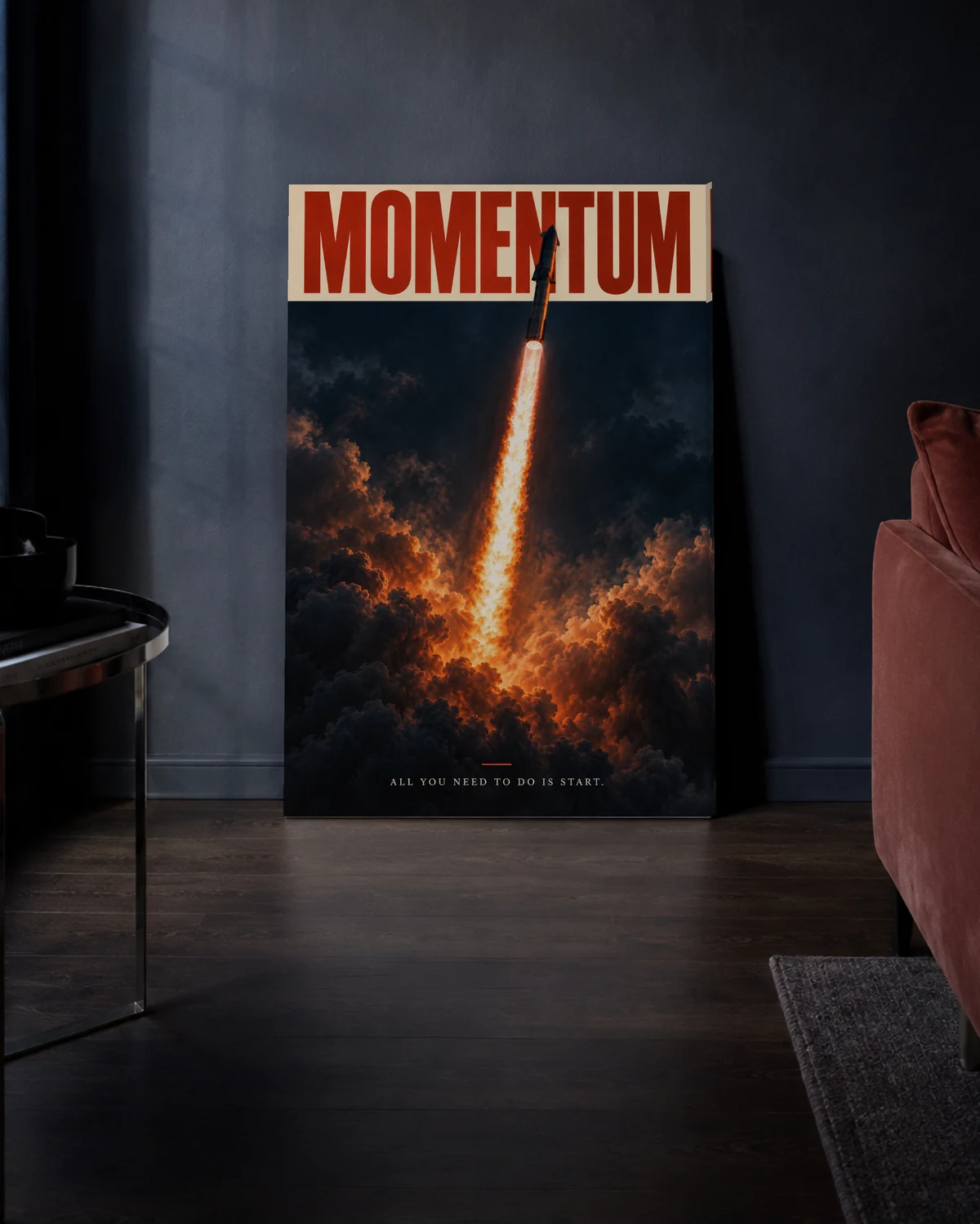 Momentum / Cinematic — A calm living space, styled around the canvas