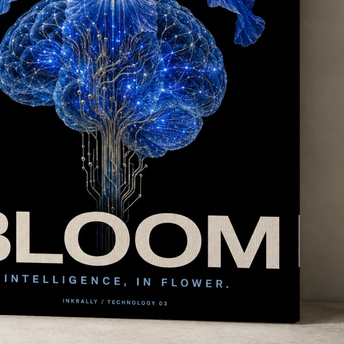 Neural Bloom canvas surface and wrapped edge in a studio detail photograph