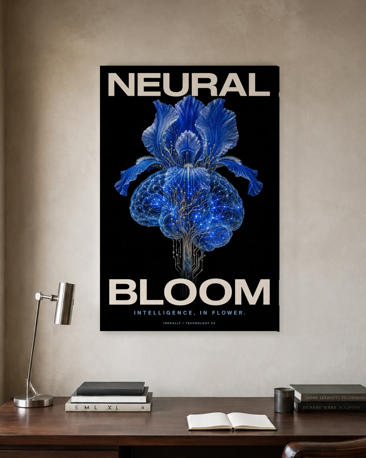 Neural Bloom stretched canvas in a considered home office