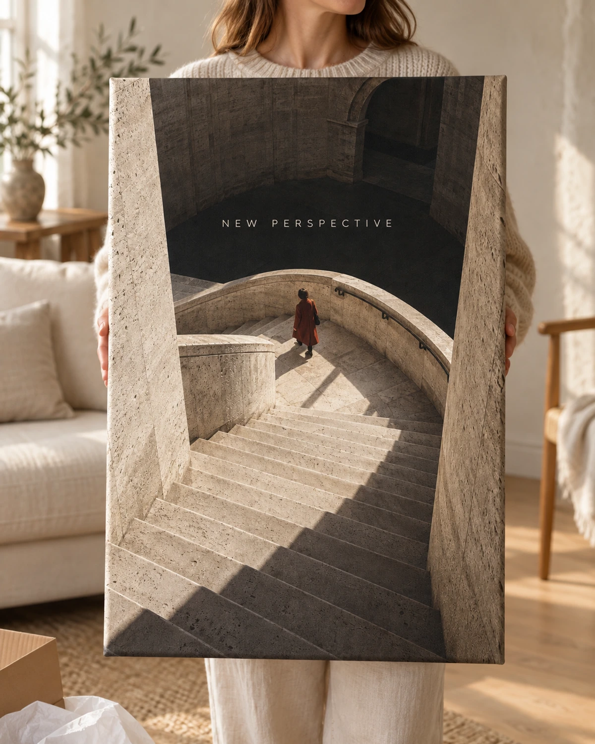 New Perspective stretched canvas held after unpacking in a naturally lit home