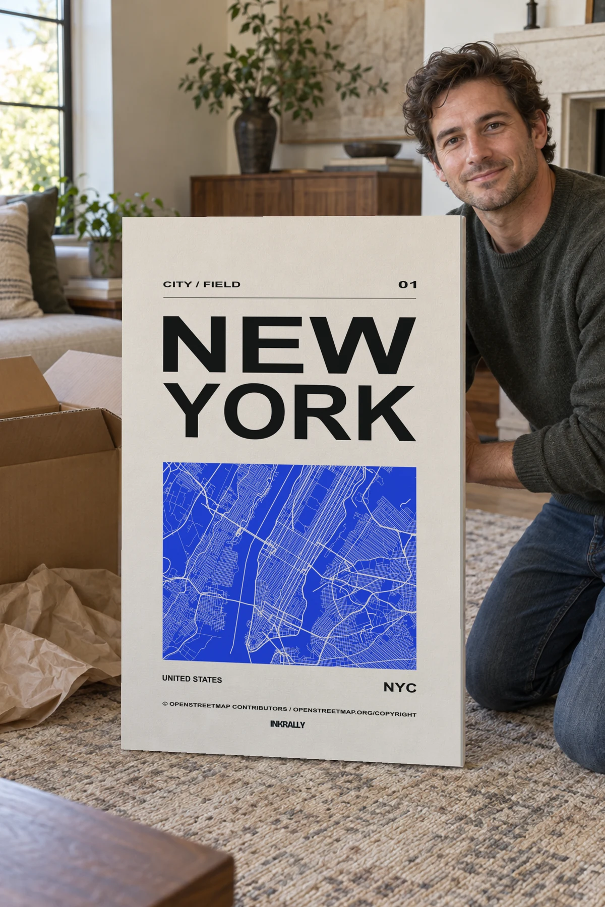 New York / City Field stretched canvas shown after unpacking in a naturally lit home