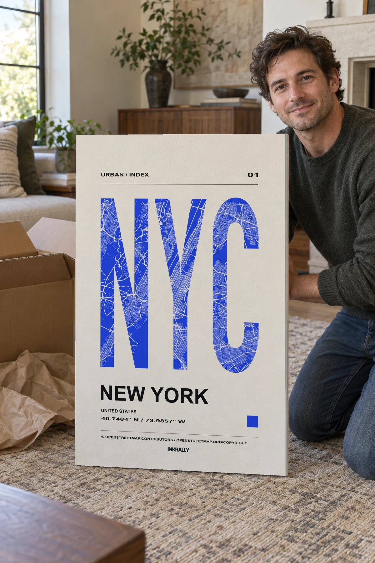 New York / Urban Index stretched canvas shown after unpacking in a naturally lit home