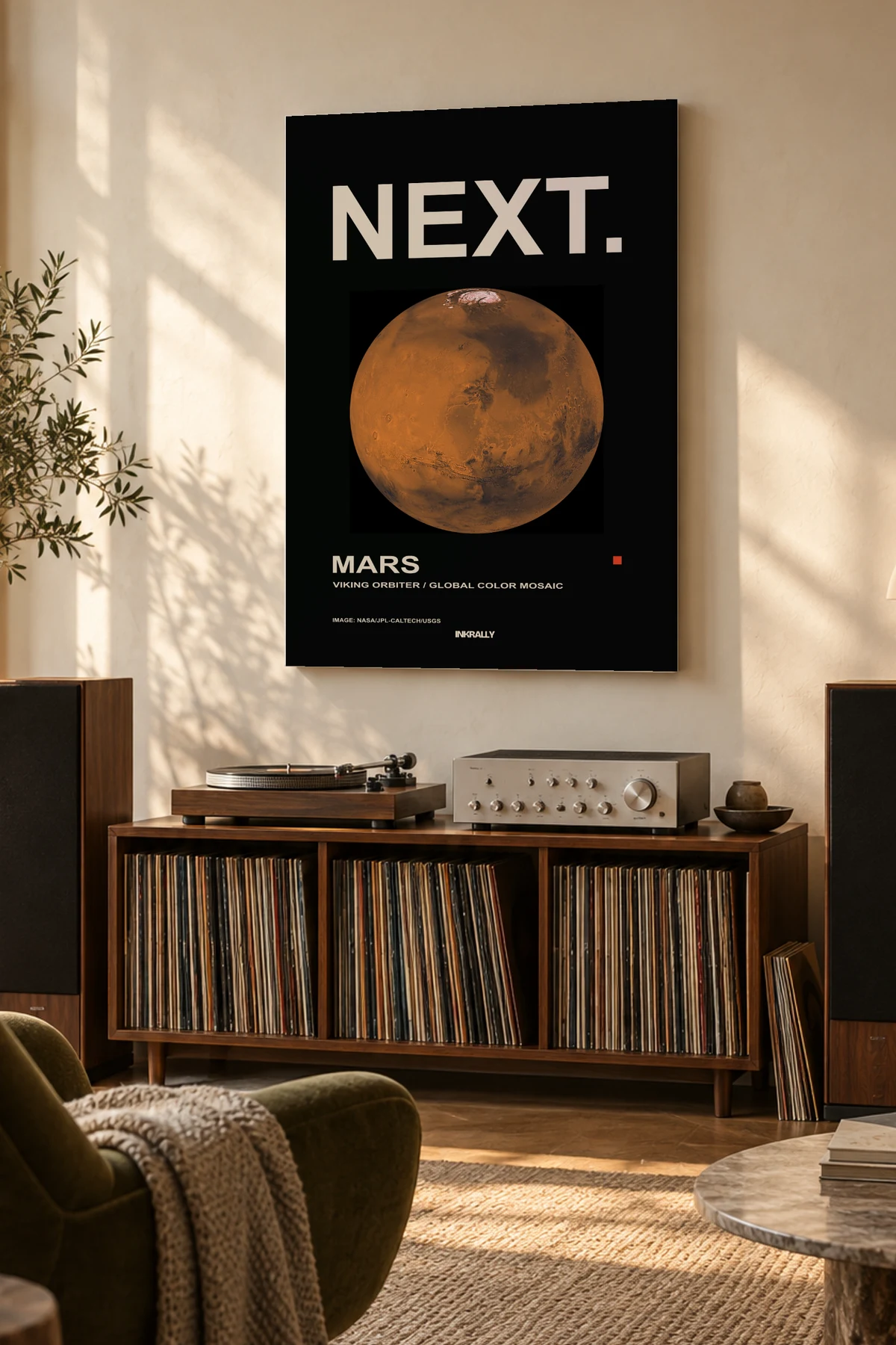 Next — A considered listening room with warm natural light