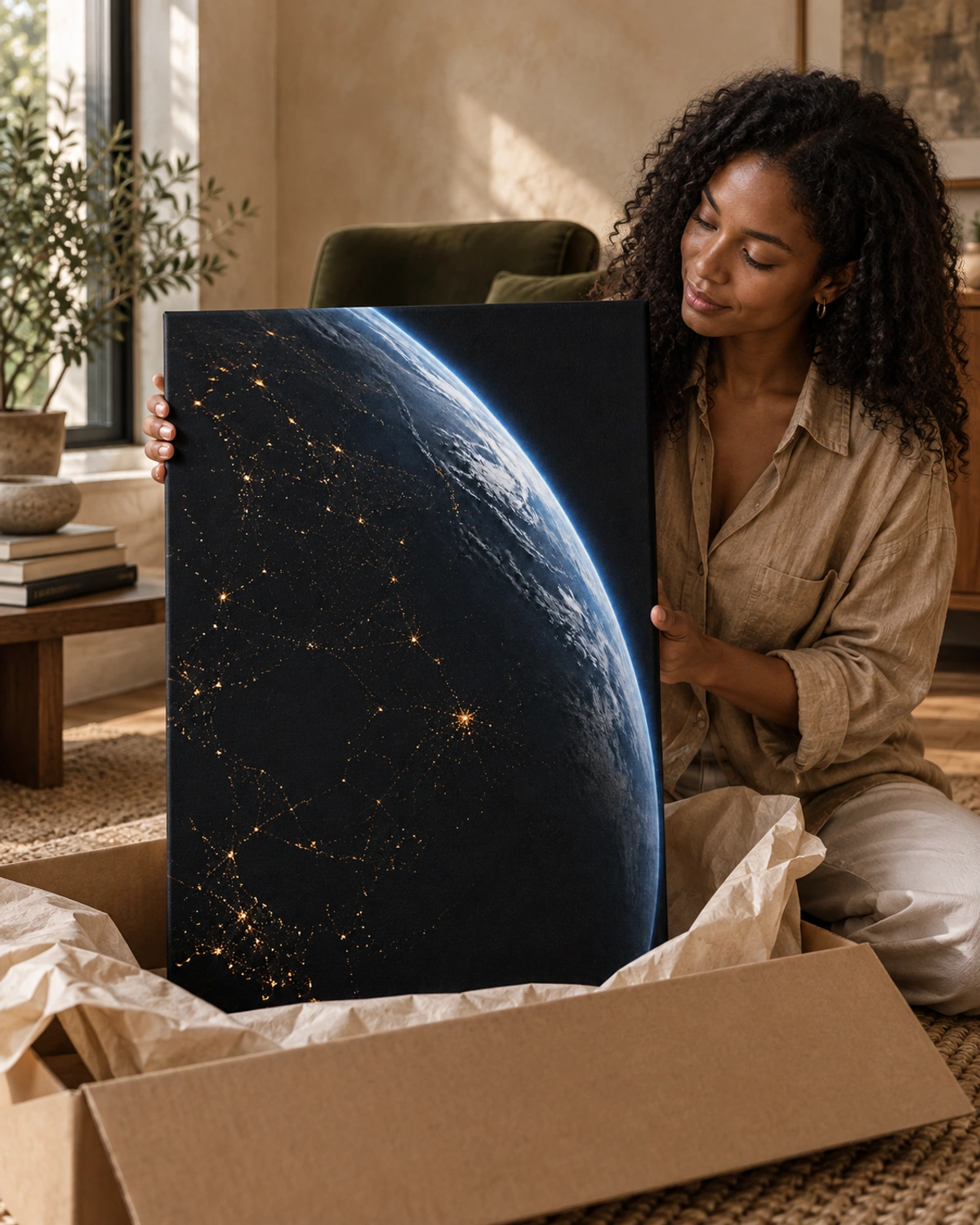 night hemisphere stretched canvas being unpacked at home