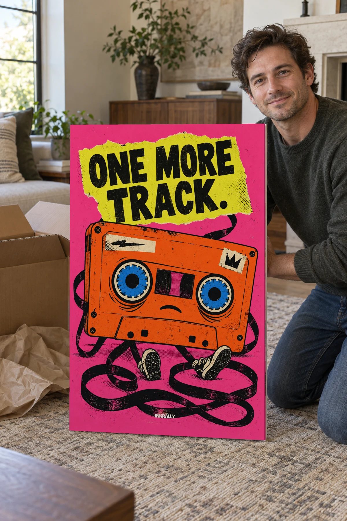 One More Track stretched canvas shown after unpacking in a naturally lit home