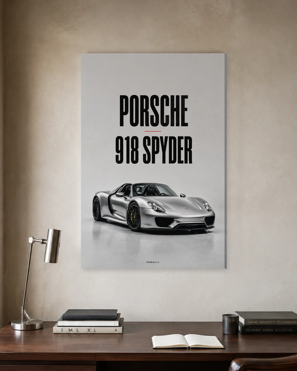 Porsche 918 Spyder stretched canvas in a considered home office